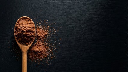 Top view of a wooden spoon filled with ground coffee on a dark background.