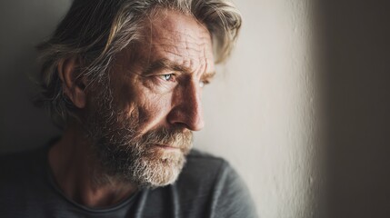 A contemplative elderly man gazes thoughtfully out of a window, embodying deep reflection and introspection. His expression captures a moment of solitude and wisdom.
