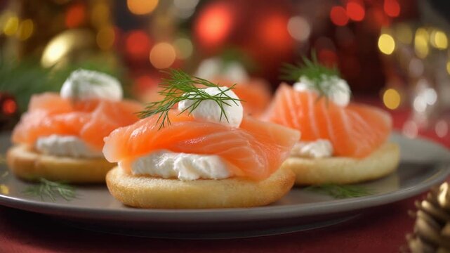A plate of smoked salmon blinis presented beautifully, showcasing vibrant colors and fine details.