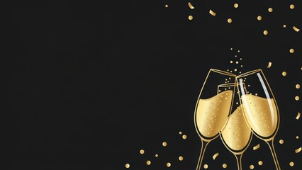 Champagne glasses toasting with confetti on a dark background.