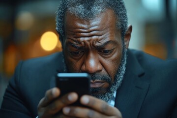 Concerned businessman reading a message on his phone, reflecting worry or concern over work-related news or updates while managing professional tasks, Generative AI