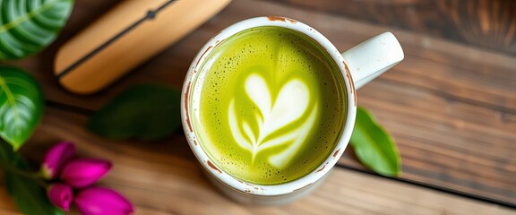 Vibrant green matcha latte art in a ceramic mug, japanese, vegetarian