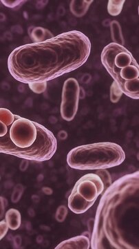 Microscopic View of Pink Bacteria with Cylindrical Shapes and Textured Surfaces Floating in Dark Environment