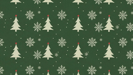 Obraz premium Charming repeating pattern featuring classic white Christmas trees and snowflakes falling on deep forest green