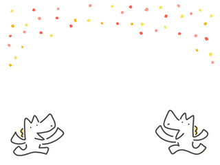 笑顔でジャンプする2頭の白馬キャラクターと紙吹雪　フレーム　テキストスペース