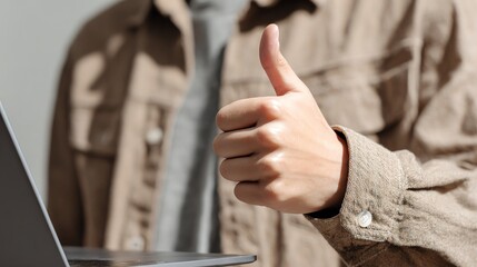 A person showing a thumbs-up gesture while using a laptop, symbolizing positivity and approval in a professional or remote work setting. Ideal for business communication themes.