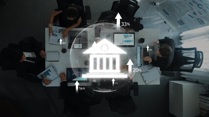 A diverse group of business professionals engaged in a strategic meeting, analyzing financial charts and data to drive growth and achieve their objectives effectively. Raster - Powered by Adobe