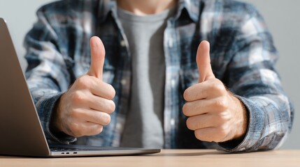 A person dressed in a casual flannel shirt gives a thumbs up gesture while sitting at a desk with a laptop, symbolizing approval, success, and satisfaction in a professional settin