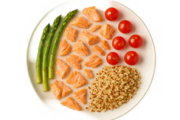 Healthy meal with salmon pieces, quinoa, asparagus, and cherry tomatoes on a white plate, offering nutritious balanced diet