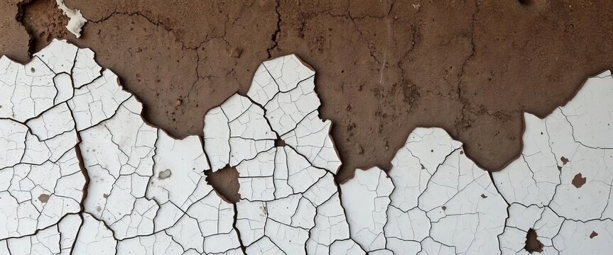 Cracked, peeling paint on a weathered wall, revealing layers of dark, decaying texture, distressed, wallpaper