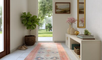 a textured and elegant corridor scene with the following layout details. In the center of the corridor, there is a long and narrow carpet with a beige base color, featuring colorful patterns in pink, 