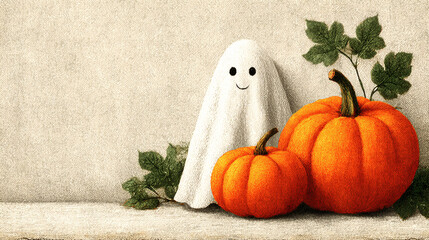 Ghost and pumpkin design for Halloween greeting card on white isolated background