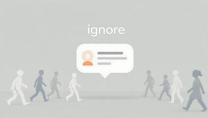 Stylized illustration showing the concept of ignoring messages or social interactions with people walking past a notification bubble.