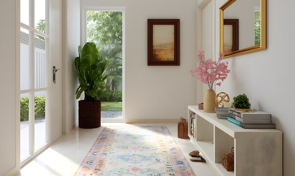 a textured and elegant corridor scene with the following layout details. In the center of the corridor, there is a long and narrow carpet with a beige base color, featuring colorful patterns in pink, 