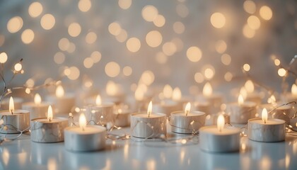 Warm glowing tea light candles with soft bokeh string lights creating a festive, peaceful, cozy atmosphere. 2026 food