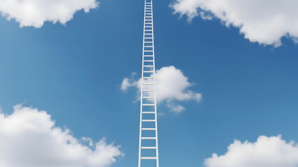 A conceptual image featuring a long white ladder reaching high into a bright blue sky adorned with fluffy clouds, symbolizing ambition, the pursuit of success, and new opportunities