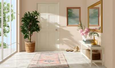 a textured and elegant corridor scene with the following layout details. In the center of the corridor, there is a long and narrow carpet with a beige base color, featuring colorful patterns in pink, 
