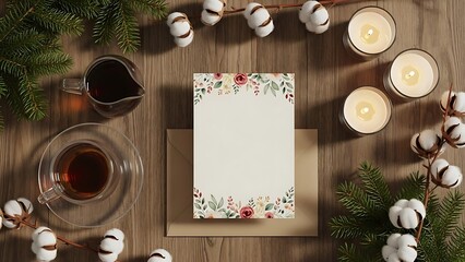 Cozy Christmas Greeting Card Surrounded by Festive Decorations and Warm Beverages on Wooden Surface