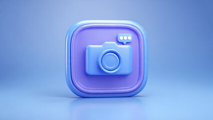 A 3D rendered purple and blue camera app icon with a notification bubble on a gradient background.
