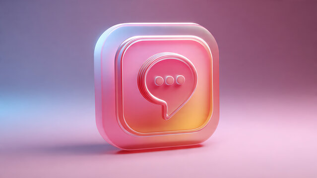 A glossy, translucent 3D chat bubble icon with three dots, rendered in soft pink and purple hues, representing communication. - Powered by Adobe