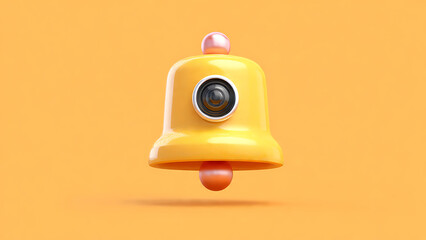 Vibrant yellow notification bell featuring a prominent camera lens, rendered in 3D against a solid orange backdrop.