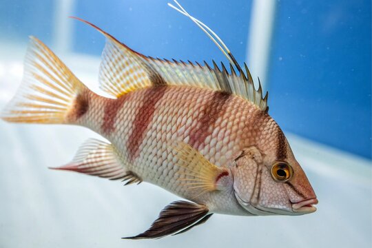 Close up of a striped tropical hogfish fish swimming in clear blue water