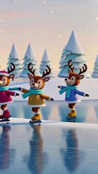 Animated reindeer ice skating in winter wonderland with snowy pines and sunset sky