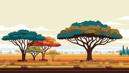 Vibrant African Savanna Landscape with Colorful Acacia Trees Illustration © PDWN Creative