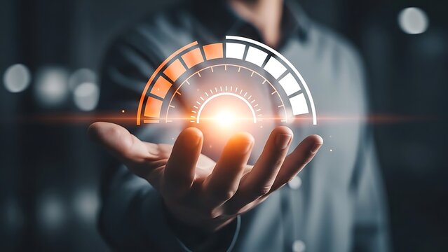 Hand presents an illuminated digital progress gauge, embodying data analytics, performance optimization, and innovative technology solutions for business - Powered by Adobe