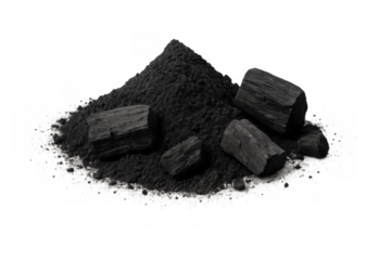 Charcoal blocks and powder pile creating a heating and grilling fuel concept on transparent background