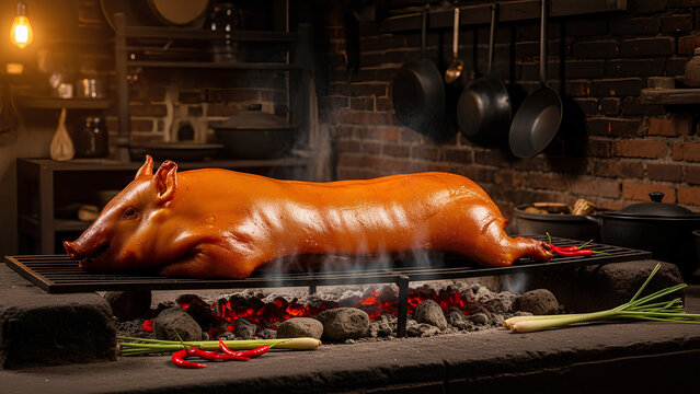 Crispy roasted suckling pig slow cooking over glowing embers in rustic kitchen