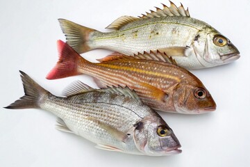 Three fresh whole fish arranged in a row on a white background