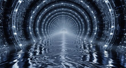 Naklejka premium Endless illuminated futuristic tunnel extends over shimmering water toward a bright vanishing point
