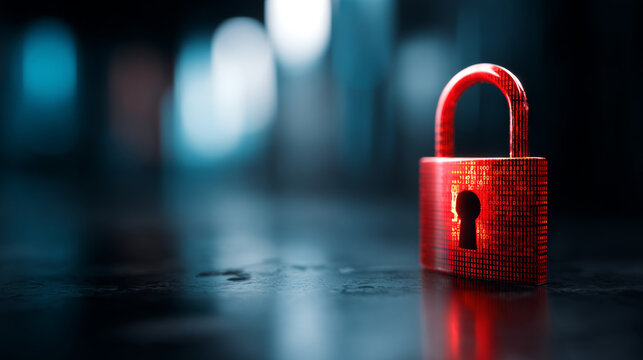 Red metallic padlock with binary code pattern illuminated on a reflective dark surface symbolizing cybersecurity and data protection