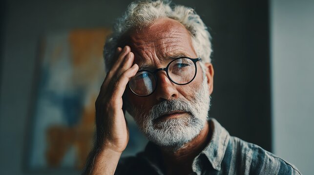 A thoughtful elderly man with glasses showing a contemplative expression. His furrowed brow suggests deep reflection or concern in a softly lit indoor environment.