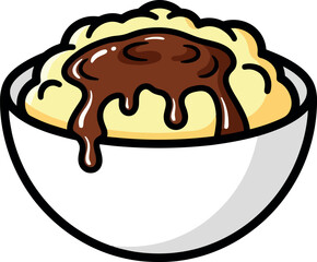 Mashed Potatoes with Gravy in a Bowl Illustration.