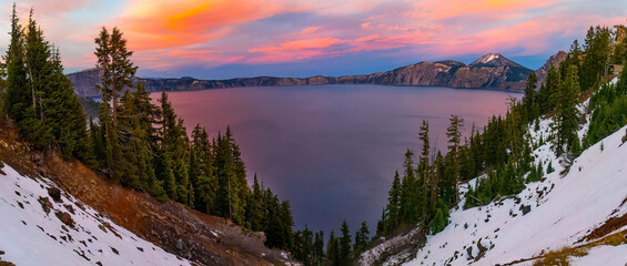 Scenic Panoramic View of Crater Lake National Park at Vibrant Sunset © PhotoSpirit