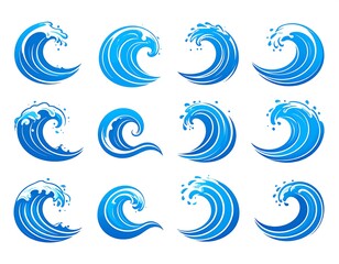 Fototapeta premium Cartoon-style collection of stylized ocean waves in various shapes