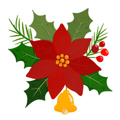 christmas holly leaves and berries and bell
