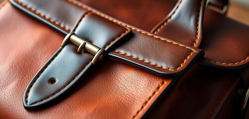 Close-up of handcrafted leather satchel, stitching detail visible, bag, leather bag