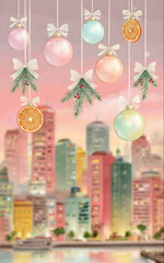 Pastel watercolor hanging Christmas ornaments with dried oranges Keywords