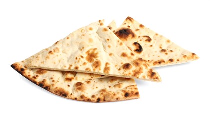 Close-up of flatbread pieces with toasted edges on a white backdrop