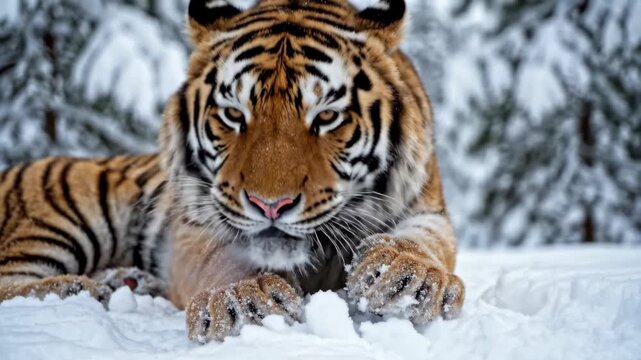 Close up of a majestic Siberian Tiger lying in deep snow during winter with pine trees blurred in the background light snow falling gently on its fur and face