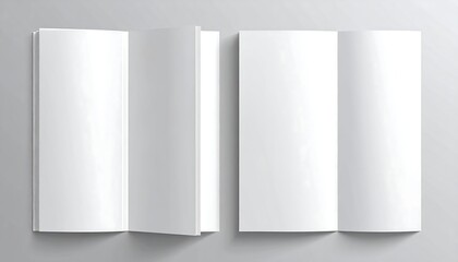 Close-up of open and closed blank brochures on grey background