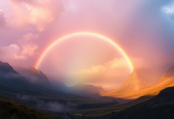 Vibrant arched rainbow, mystical fantasy landscape backdrop, digital art, background
