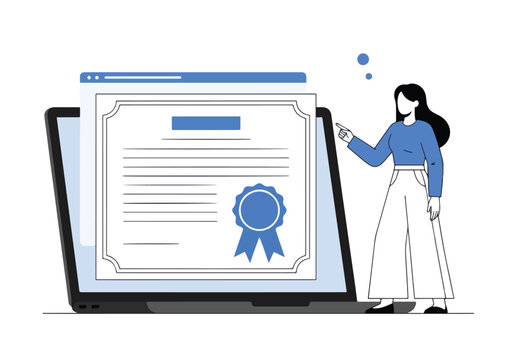 Woman receives digital certificate on laptop screen education success concept - Flat Vector Illustration, icon. Editable stroke. Colored vector illustration - Powered by Adobe