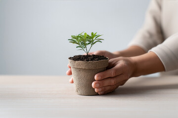 Hands Nurturing A Young Plant In A Burlap Pot