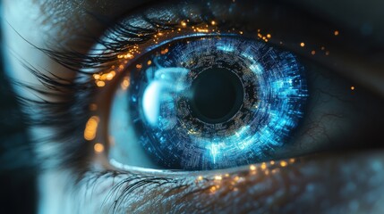 Close-up of a futuristic eye with glowing digital patterns.