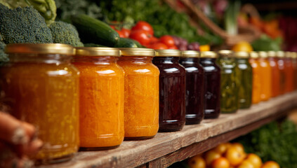 Row of glass jars filled with colorful homemade vegetable and fruit preserves with golden metal lids arranged on rustic wooden shelf at farmers market