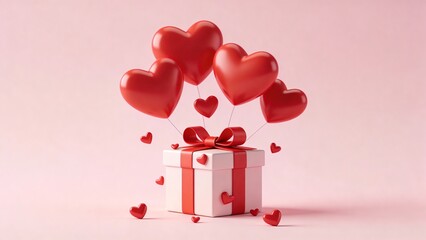 A minimalist 3D illustration of a gift box tied with a red ribbon and surrounded by floating red hearts on a soft pink background, creating a romantic and lighthearted Valentine's Day concept.
